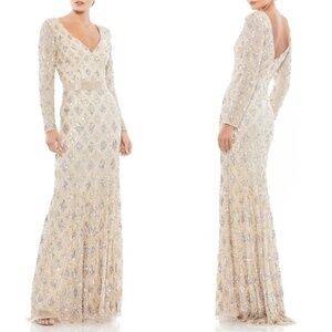 NWT Mac Duggal Geometric Fully Embellished Long Sleeve Evening Gown Sz. …